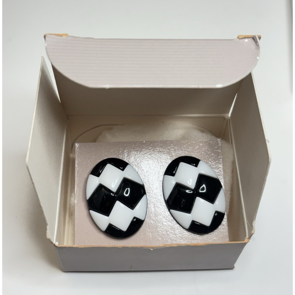 Vintage Avon Black White Oval Egg Earrings 1987 Sunsations 1" With Box